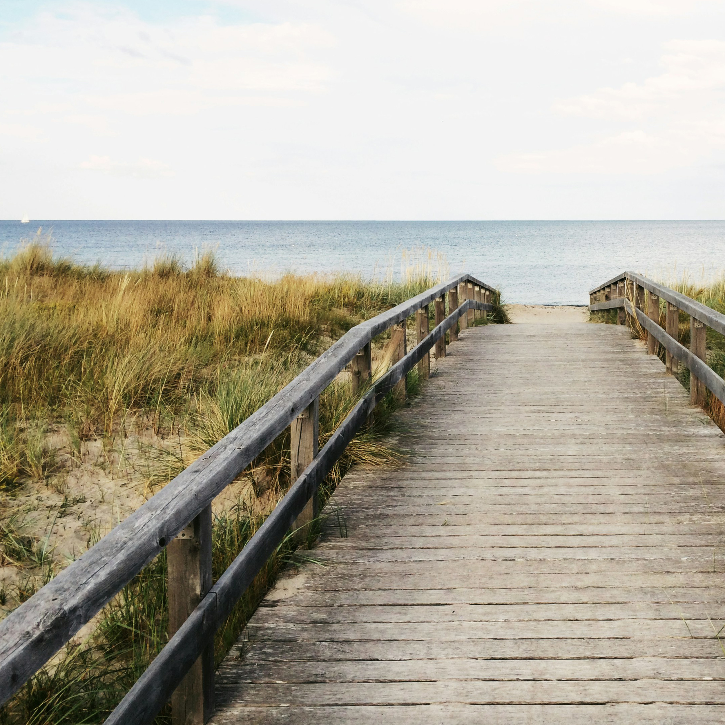 Eine graue Holzbrücke in einer Dünenlandschaft, die zum Meer führt. © Anton Sharov via unsplash.com